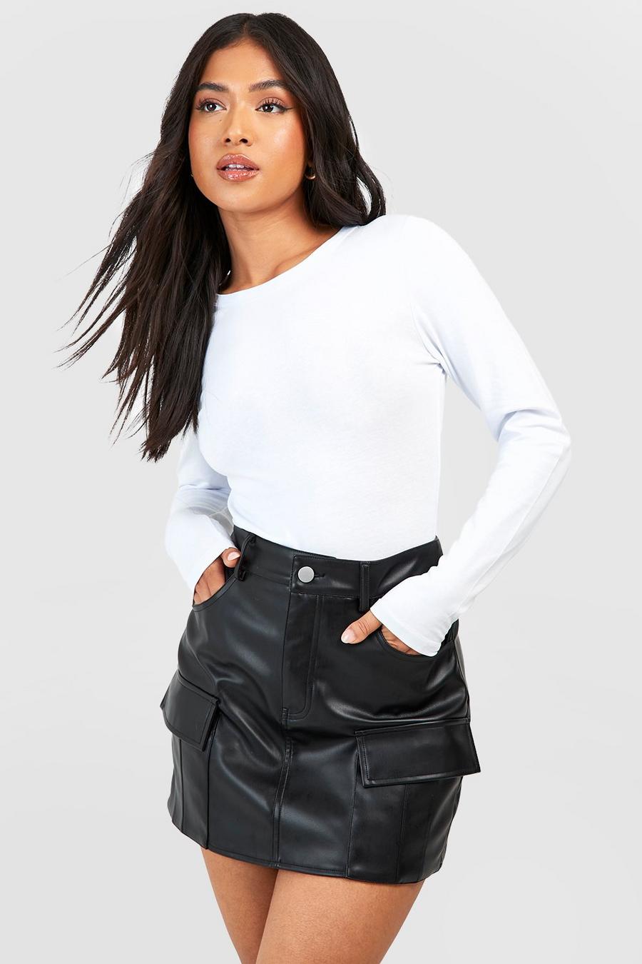 Black Petite Faux Leather Cargo Mini Skirt