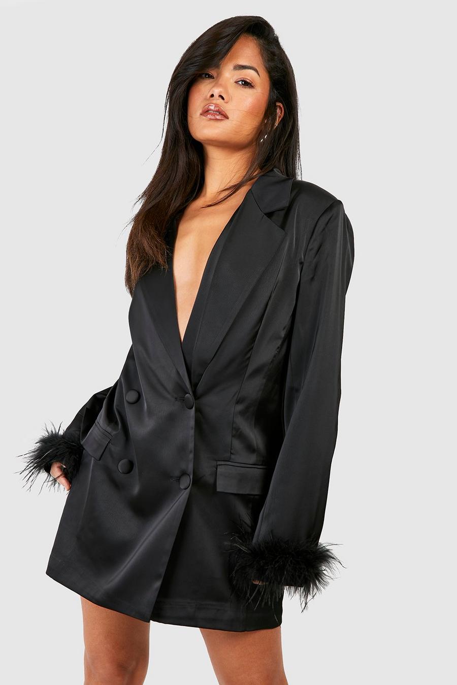 Black Matte Satin Double Breasted Feather Trim Blazer Dress