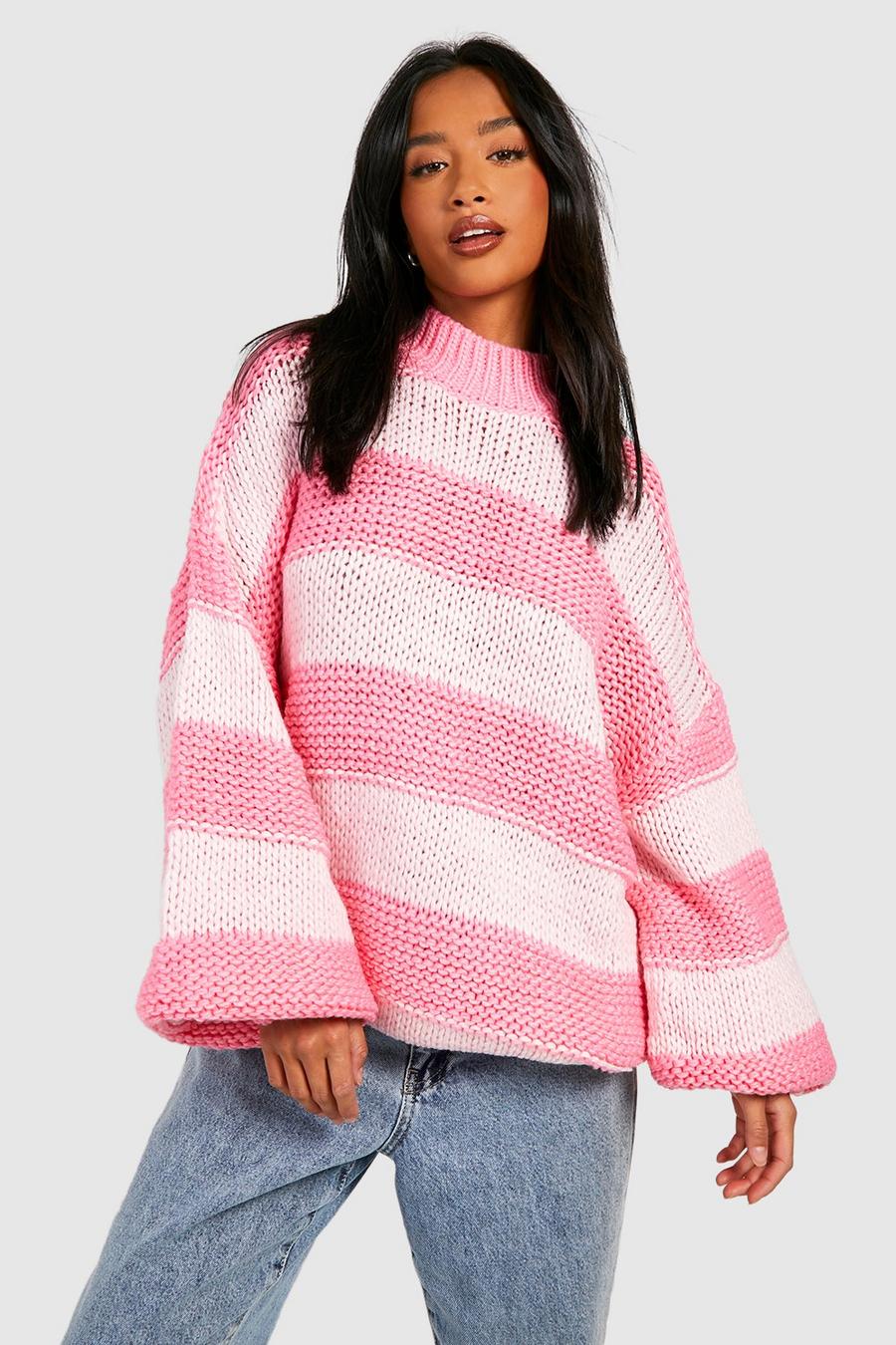 Pink Petite Oversize Chunky Knit Stripe Sweater image number 1