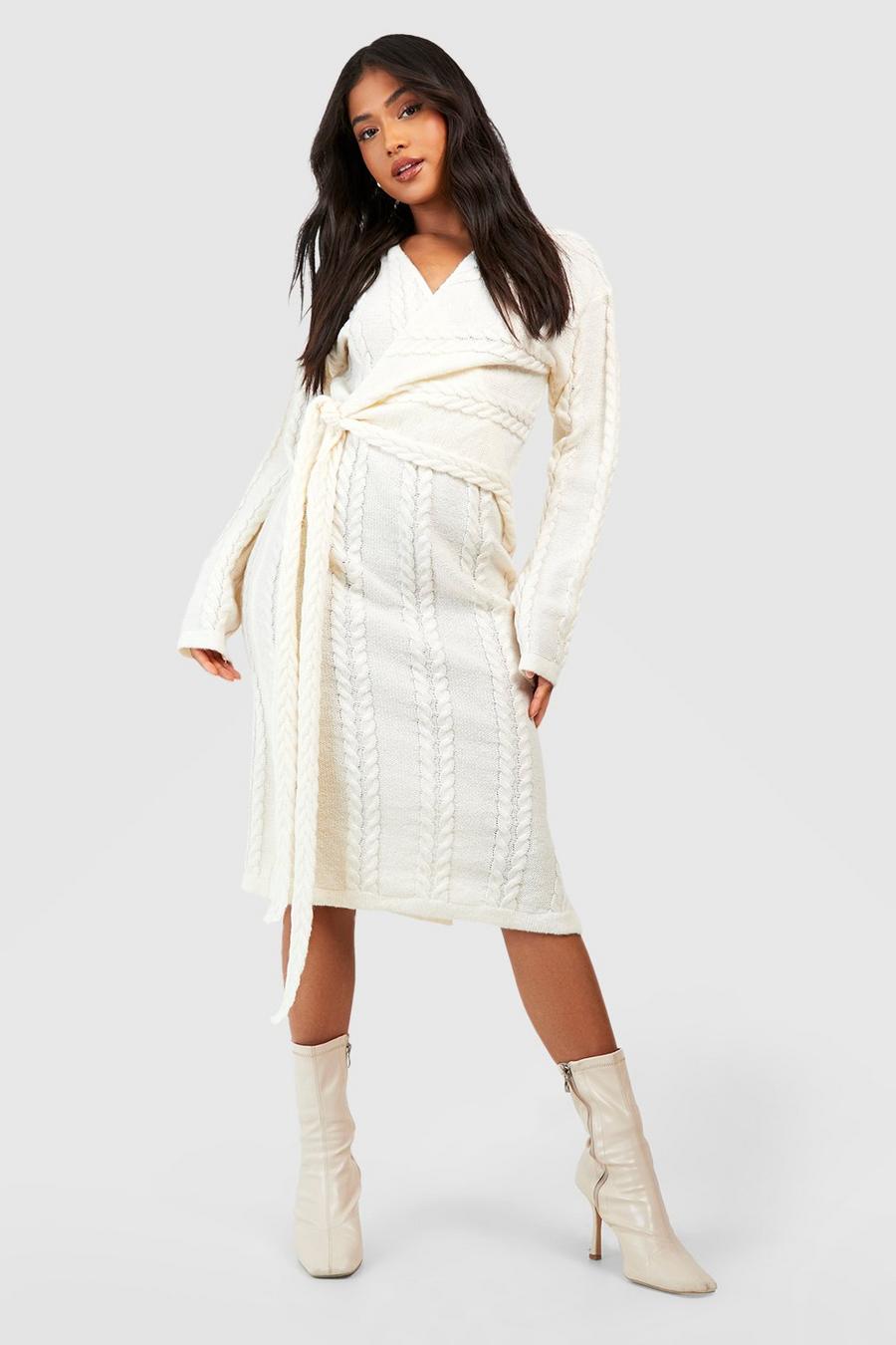 Cream Petite Cable Knit Wrap Midi Dress 