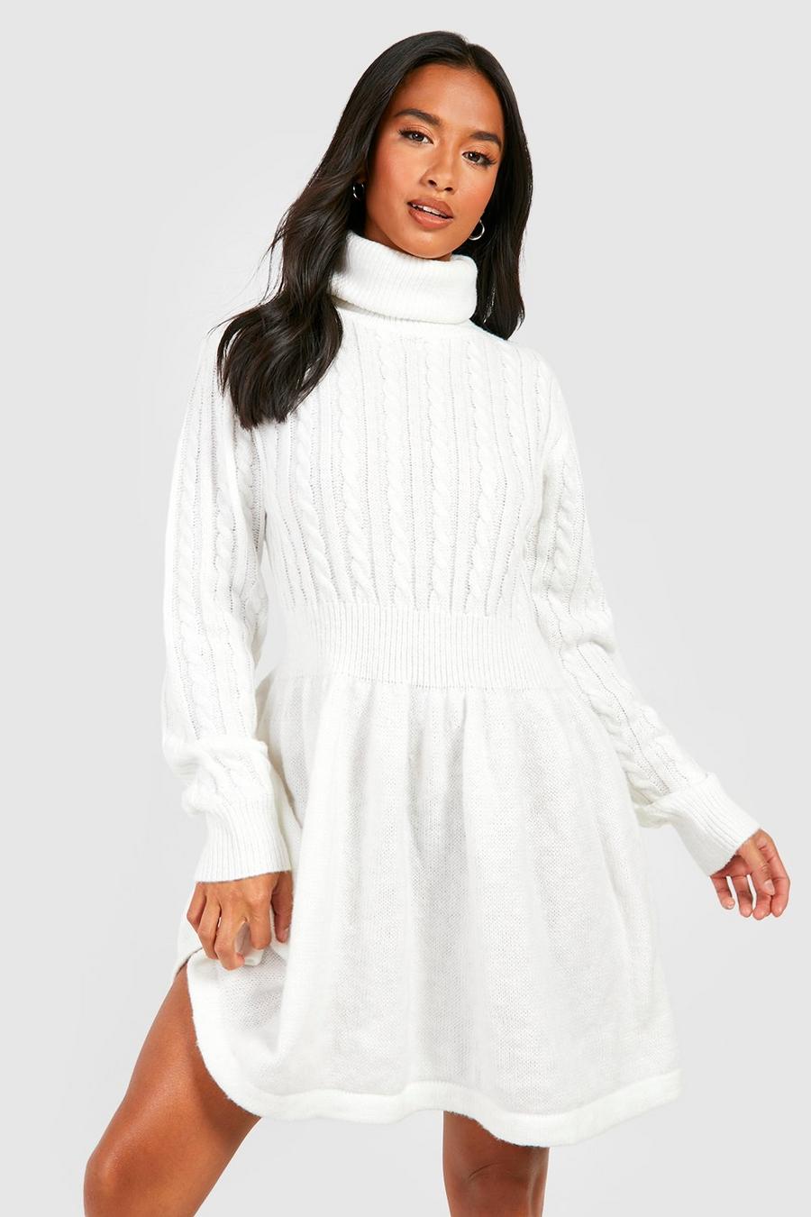 Cream Petite Cable Knit Roll Neck Skater Dress 