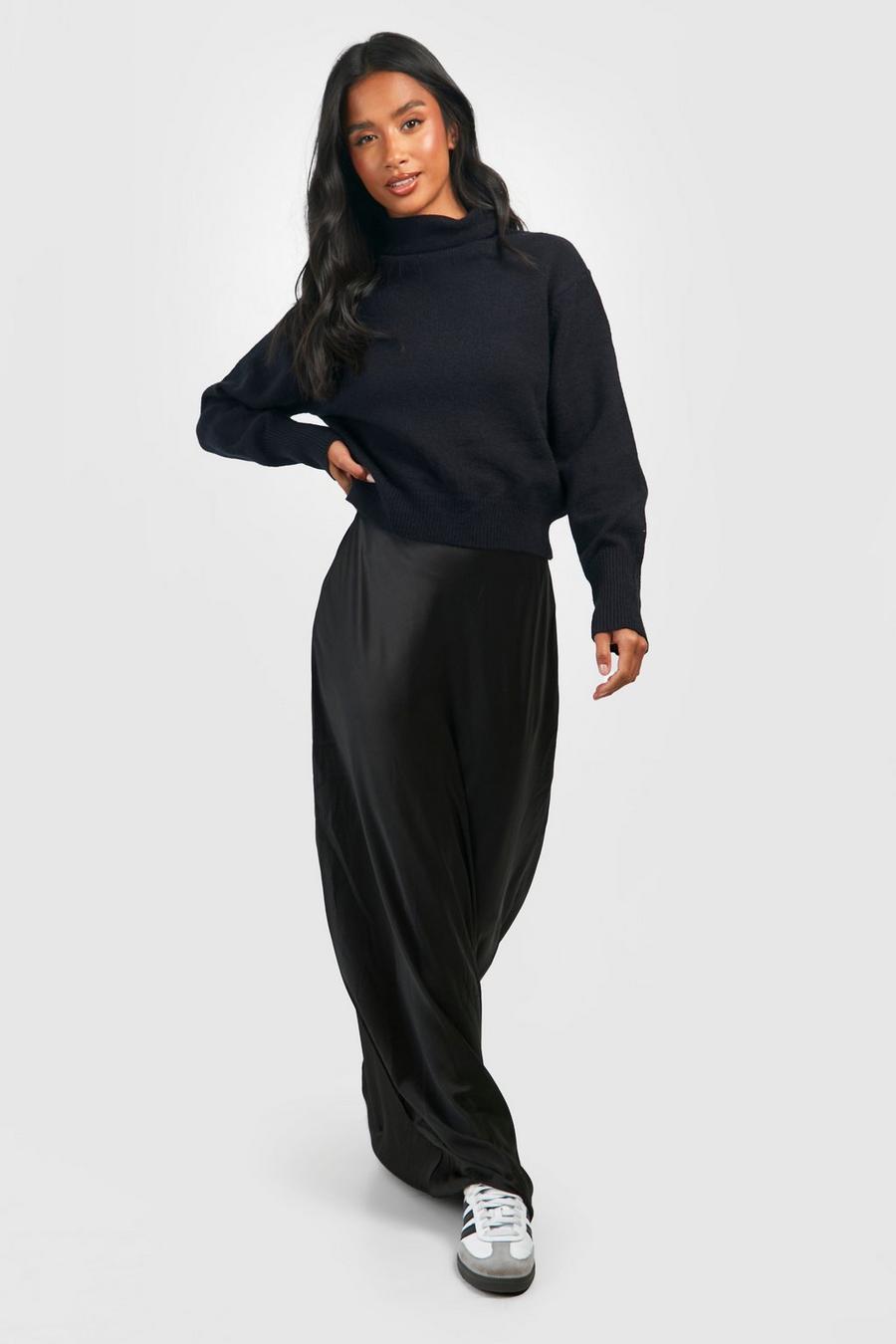 Black Petite Satin Mix Knitted Roll Neck  Maxi Dress  