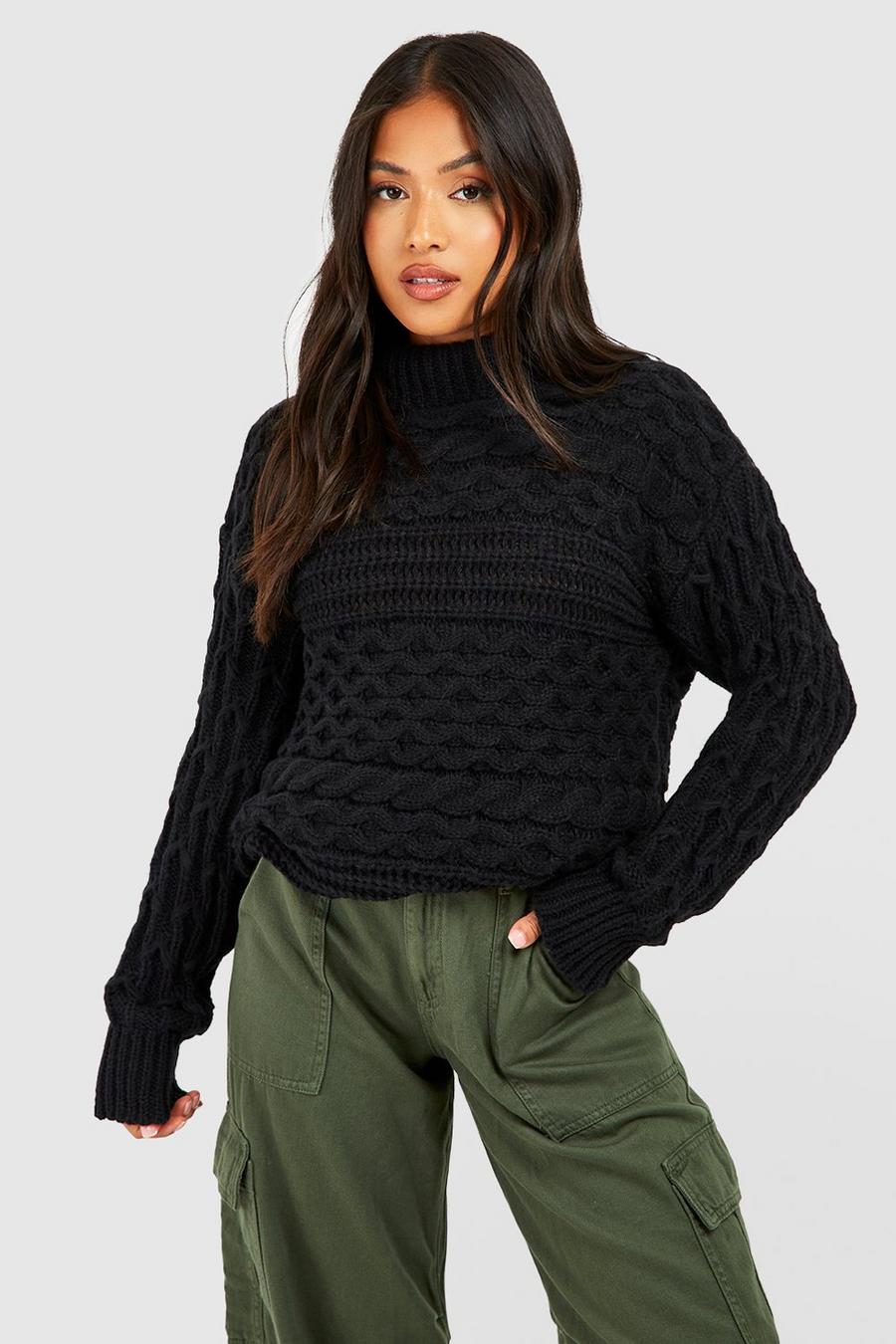 Petite Zopfmuster-Pullover mit Rollkragen, Black