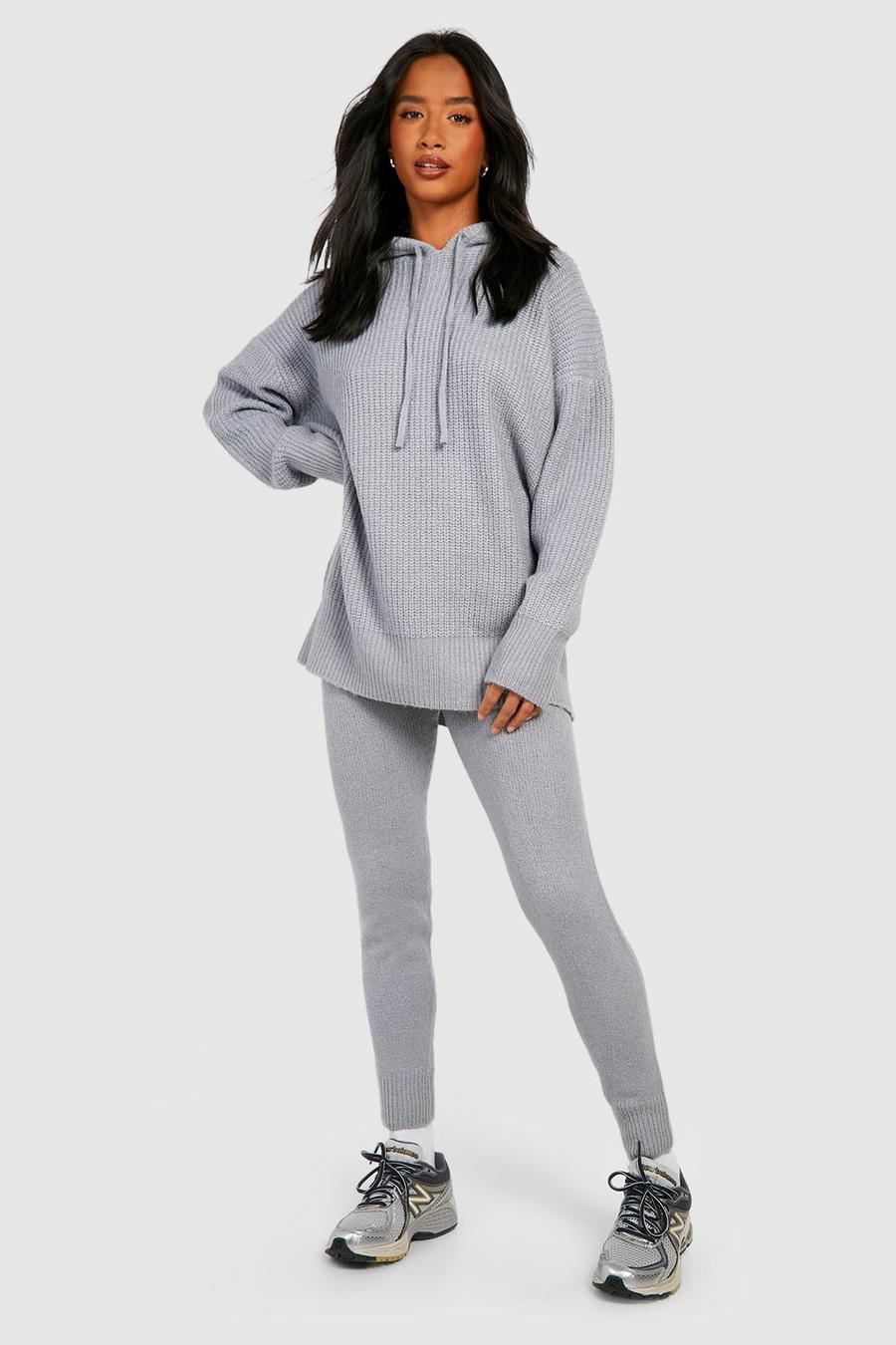 Grey Petite Mjukt stickat set med hoodie