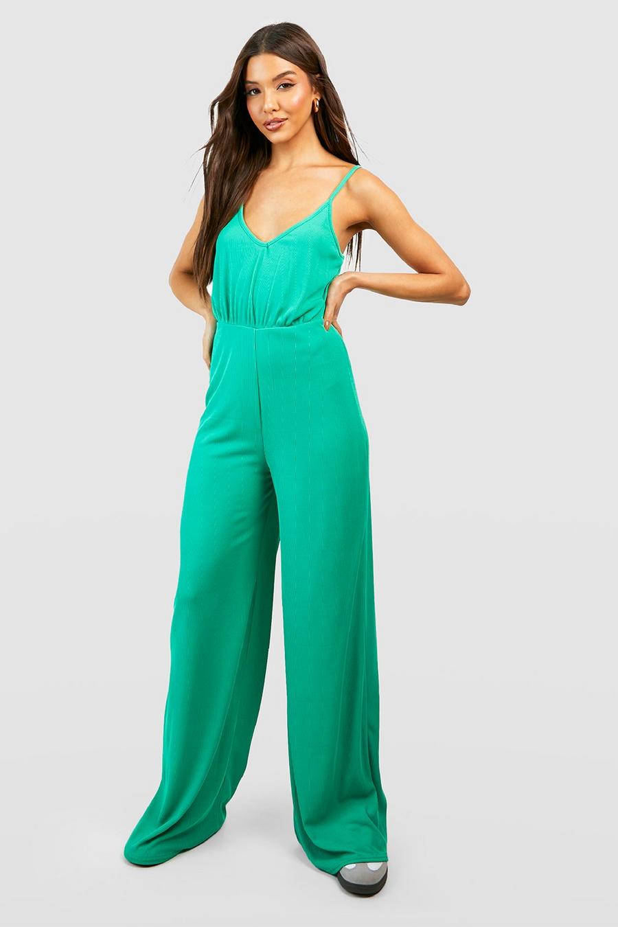 Green Ribbed Plunge Wide Leg Jumpsuit