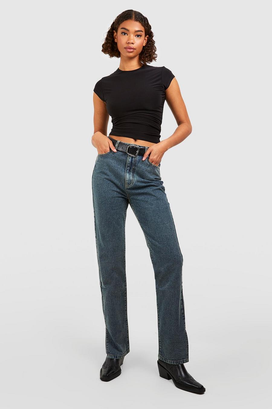 Jeans dritti Tall Basics a vita alta con spacco sul fondo, Vintage wash