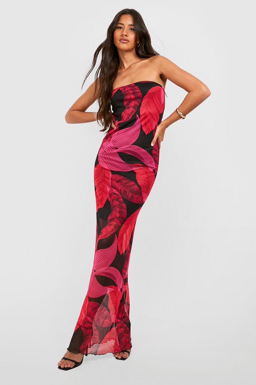 Pink Tall Leaf Print Bandeau Maxi Dress
