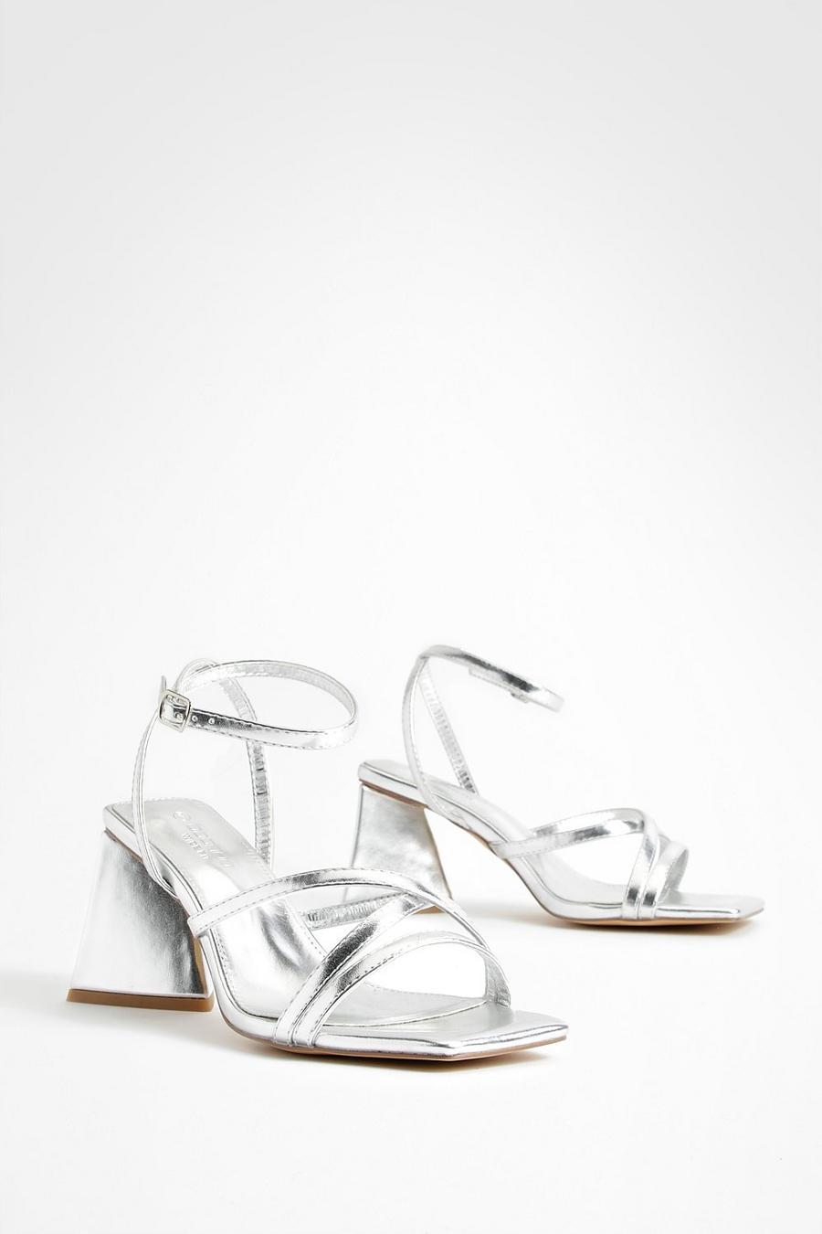 Silver Wide Width Flared Heel Crossover Sandals
