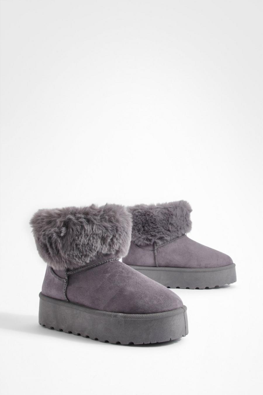Grey Wide Width Platform Fur Trim Mini Cozy Boots