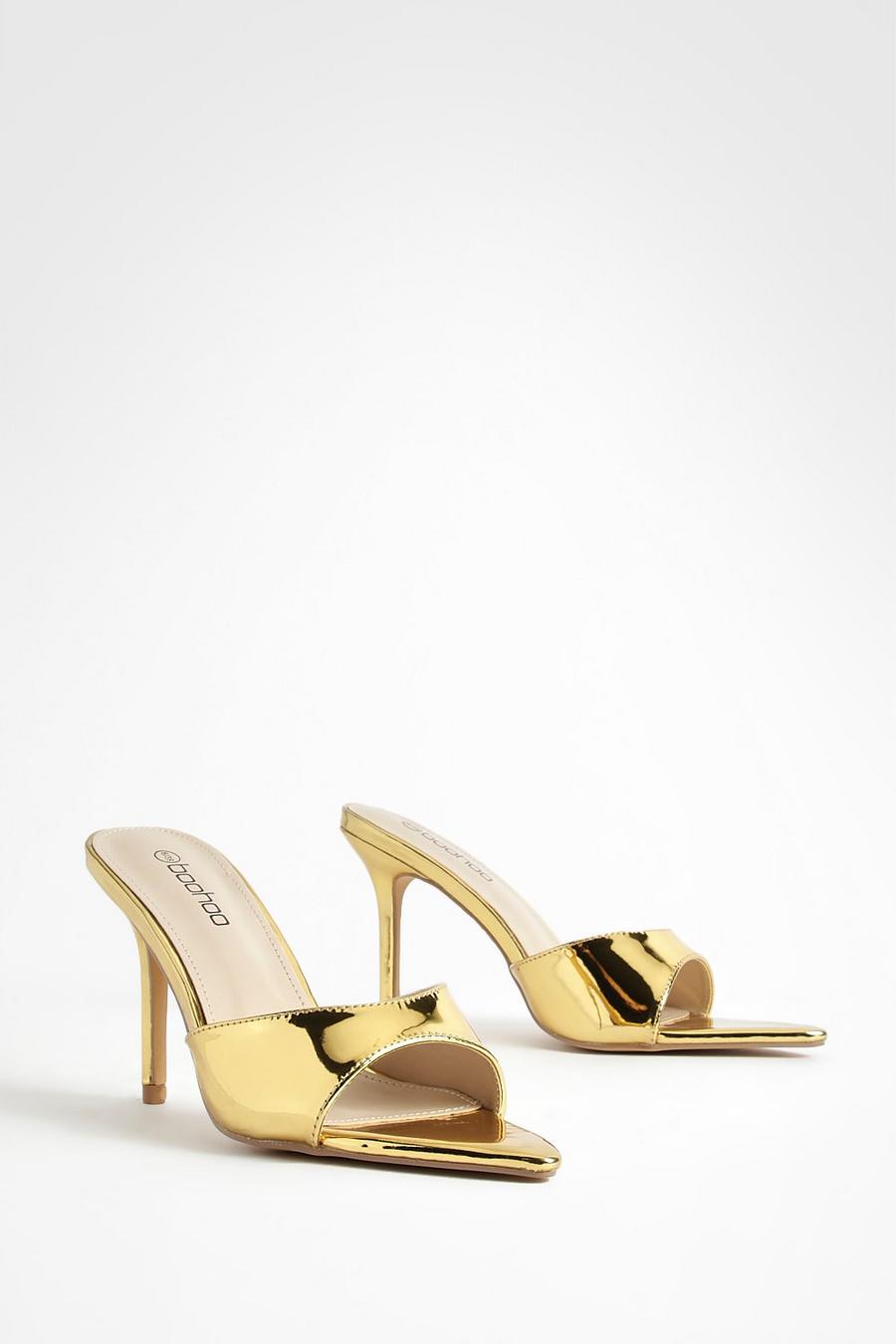 Gold Low Stiletto Pointed Toe Heeled Mules