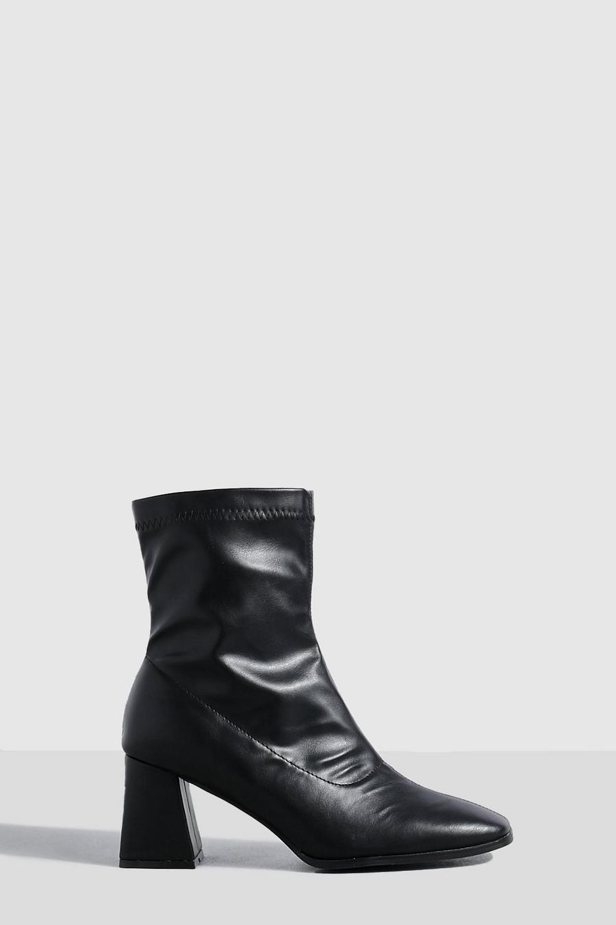 Black Wide Width Flare Heel Pu Sock Boots