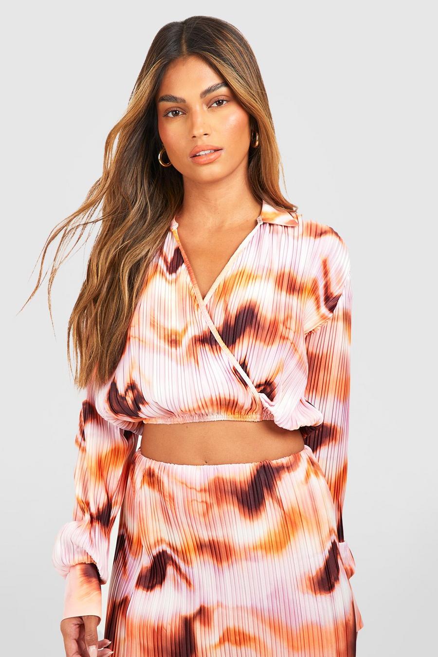 Blush Plisse Print Abstract Wrap Top image number 1