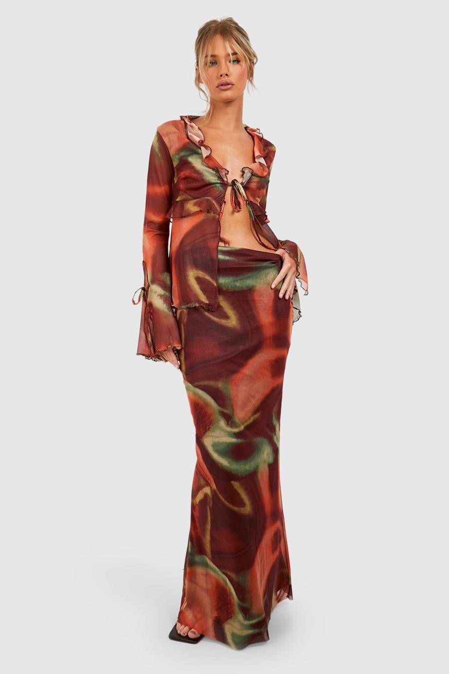 Burnt orange Abstract Mesh Maxi Skirt