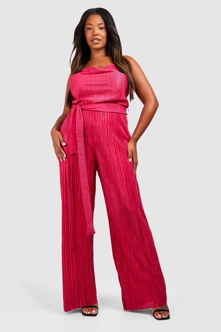 Hot pink Plus Plisse Jumpsuit Met Waterval Hals En Ceintuur