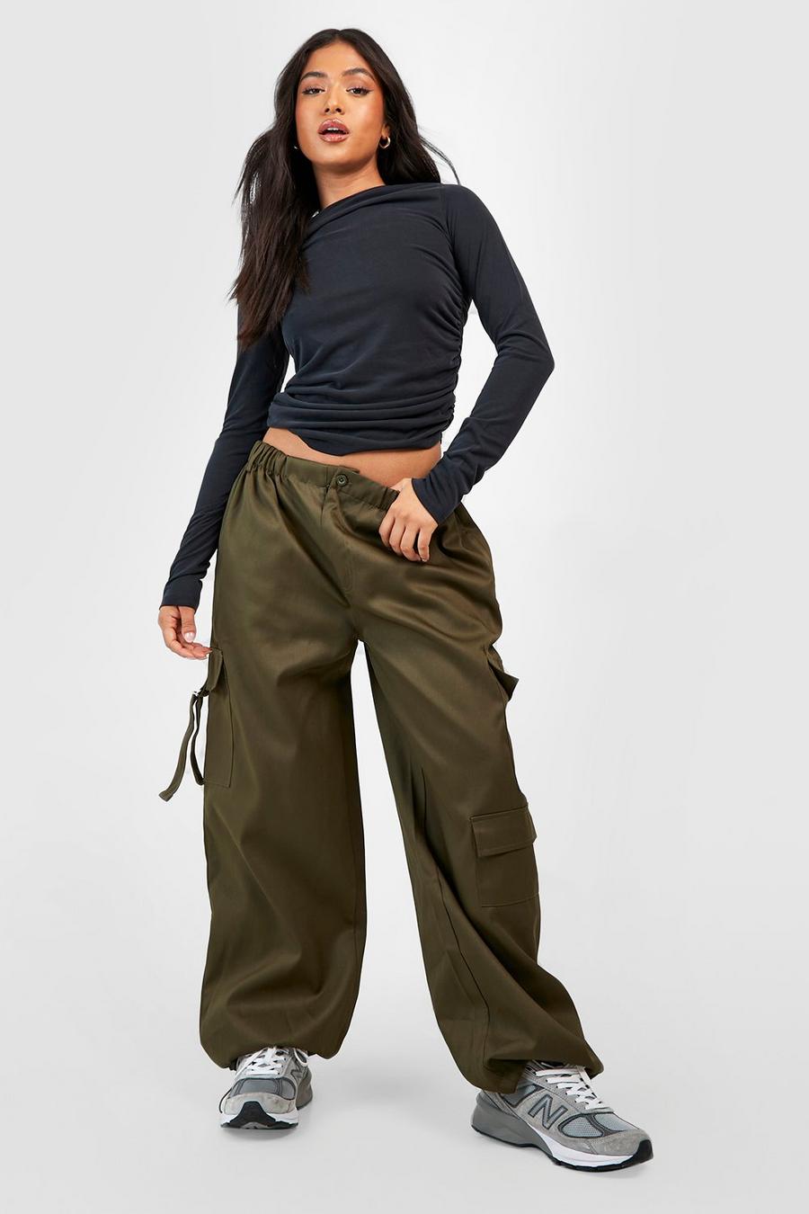 Khaki Petite Twill Pocket Detail Cuff Hem Cargo Pants