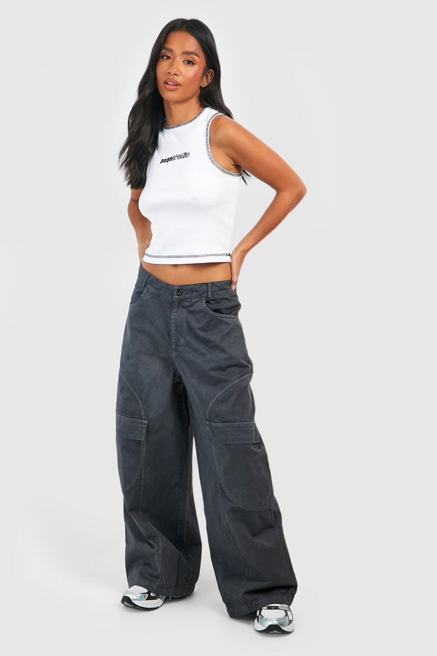 Black Petite Washed Curved Seam Cargo Pants image number 1