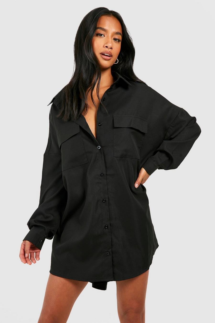 Black Petite Oversized Utility Pocket Shirt Dress