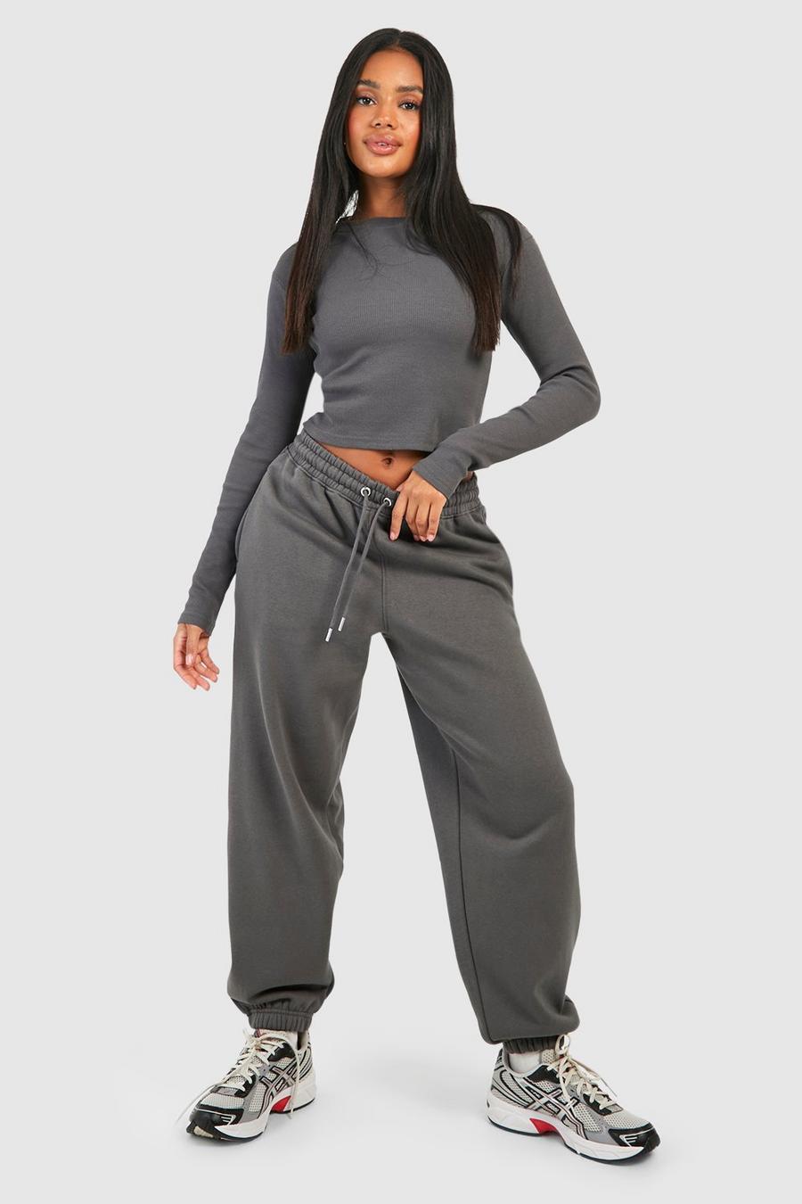 Charcoal Ribbed Crew Neck Top And Jogger Set 