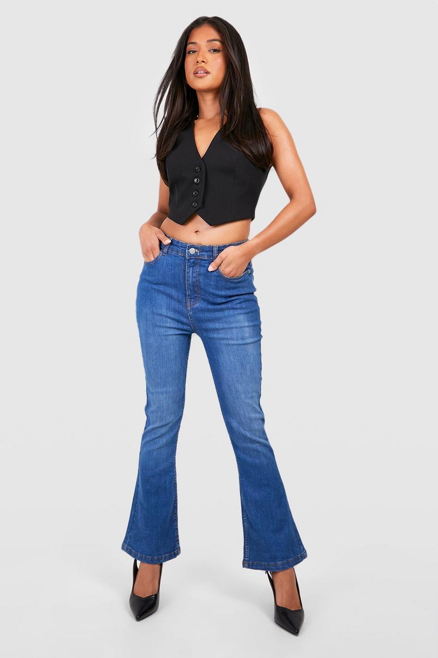 Mid blue Petite Mellanblå skinny jeans med utsvängda ben och hög midja