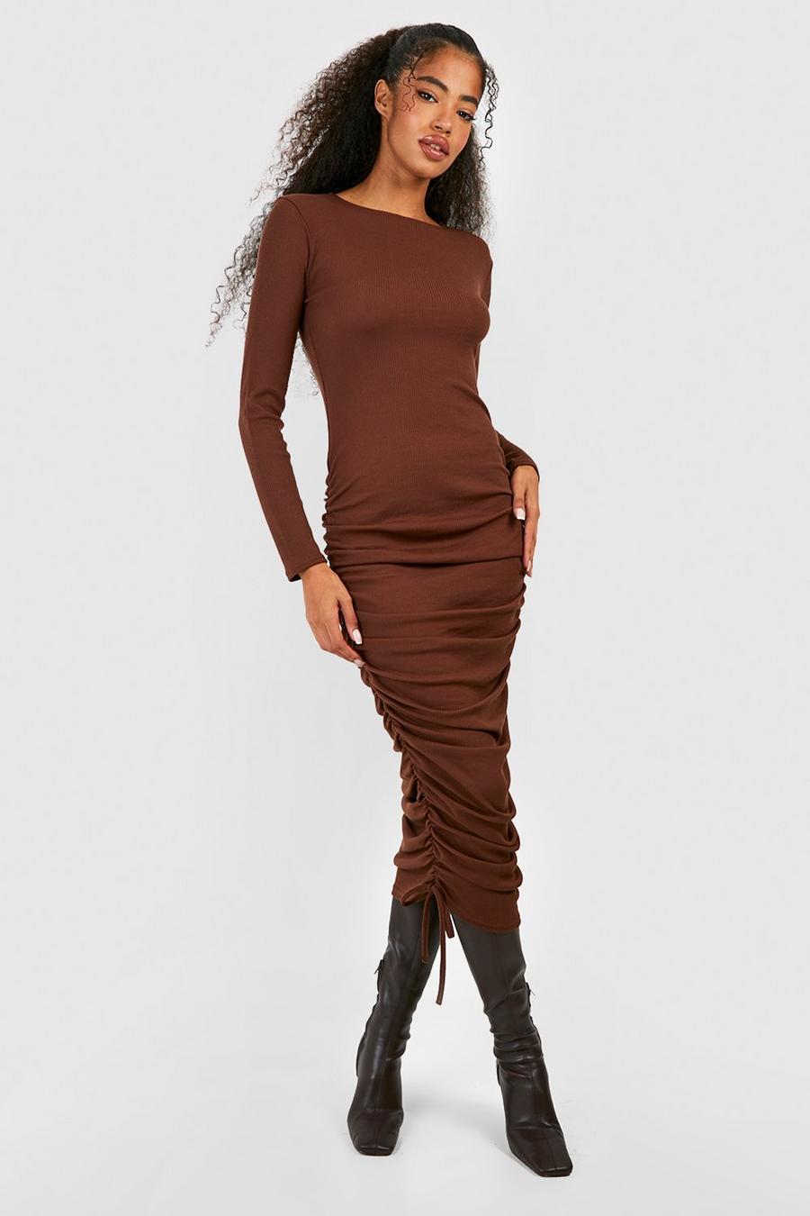 Chocolate Rouched Detail Ribbed Midi Dress