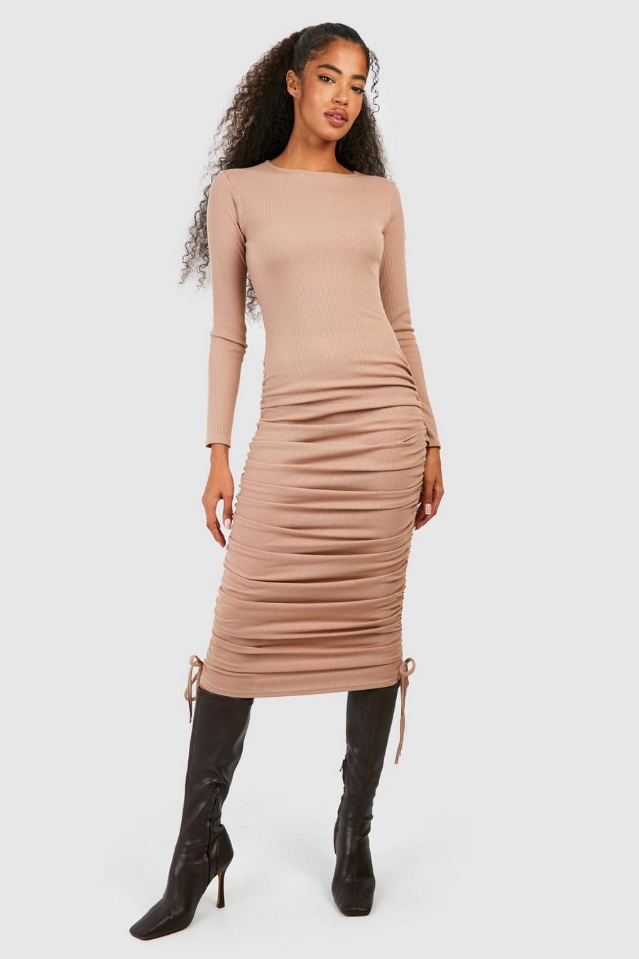 Stone Rouched Detail Ribbed Midi Dress