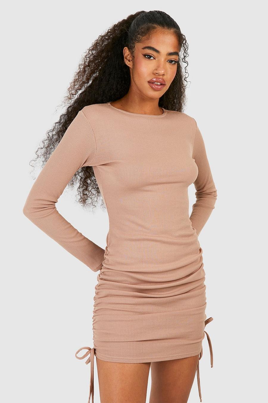 Stone Geribbelde Mini Bodycon Jurk Met Ruches