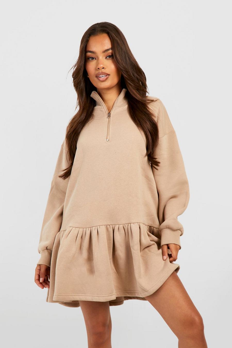 Stone Frill Hem Half Zip Sweater Dress