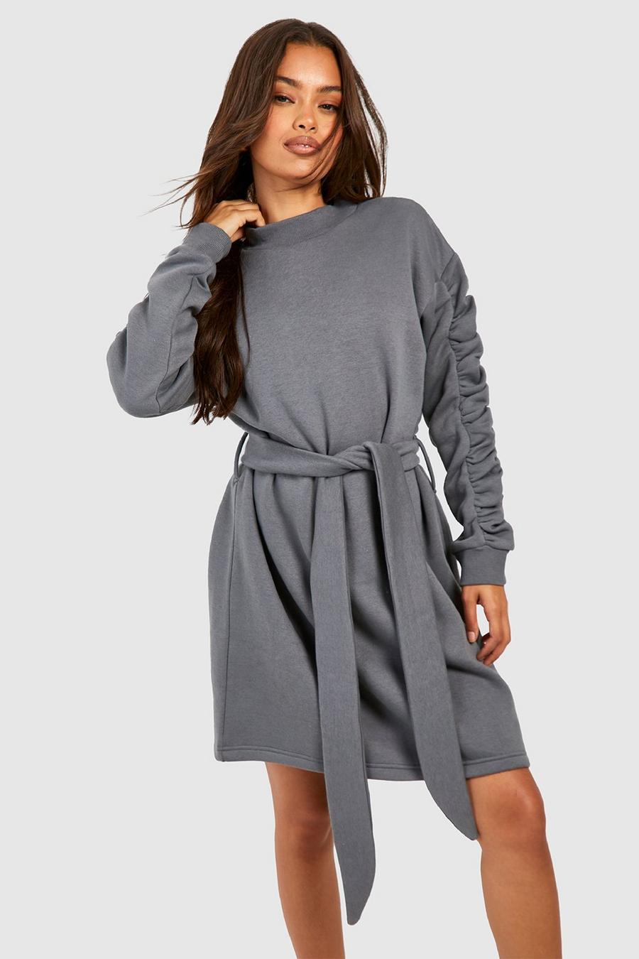 Charcoal Ruched Sleeve Sweater Dress