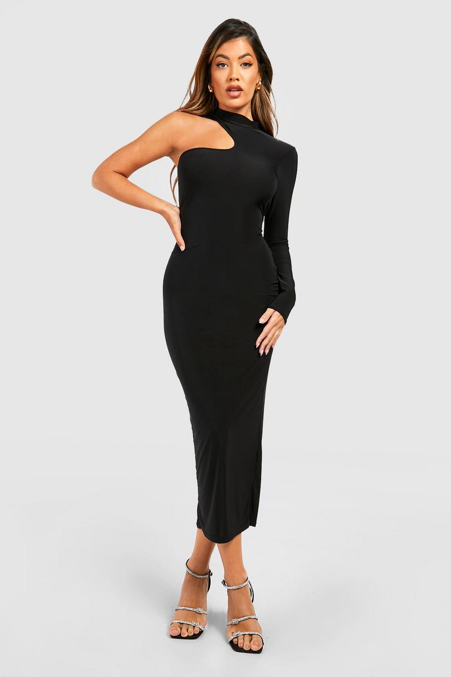 Slinky Asymmetric High Neck Midi Dress