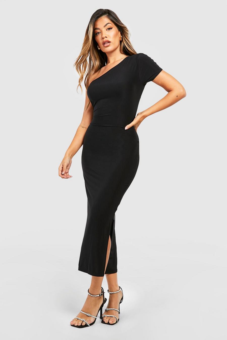 Black Slinky Cap Sleeve Asymmetric Midaxi Dress