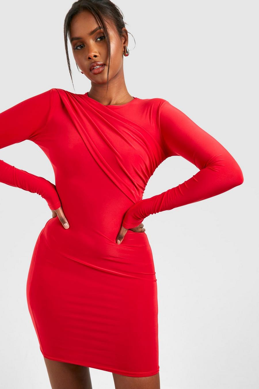 Red Slinky Ruched Long Sleeve Mini Dress