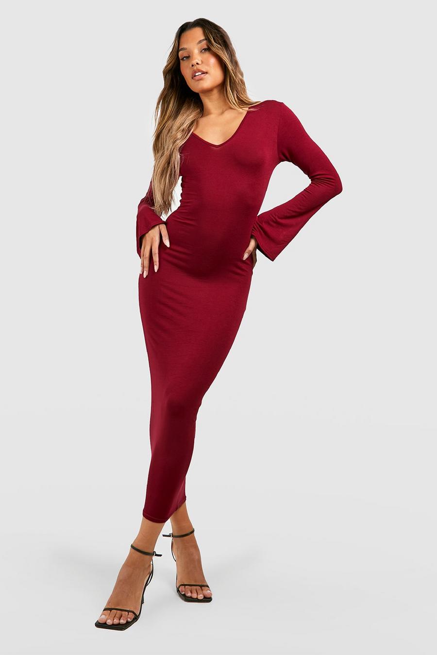 Berry Plunge Flare Sleeve Midaxi Dress