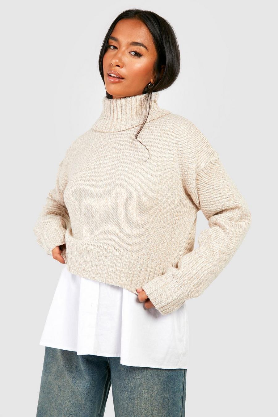 Stone Petite Roll Neck Cropped  Jumper       