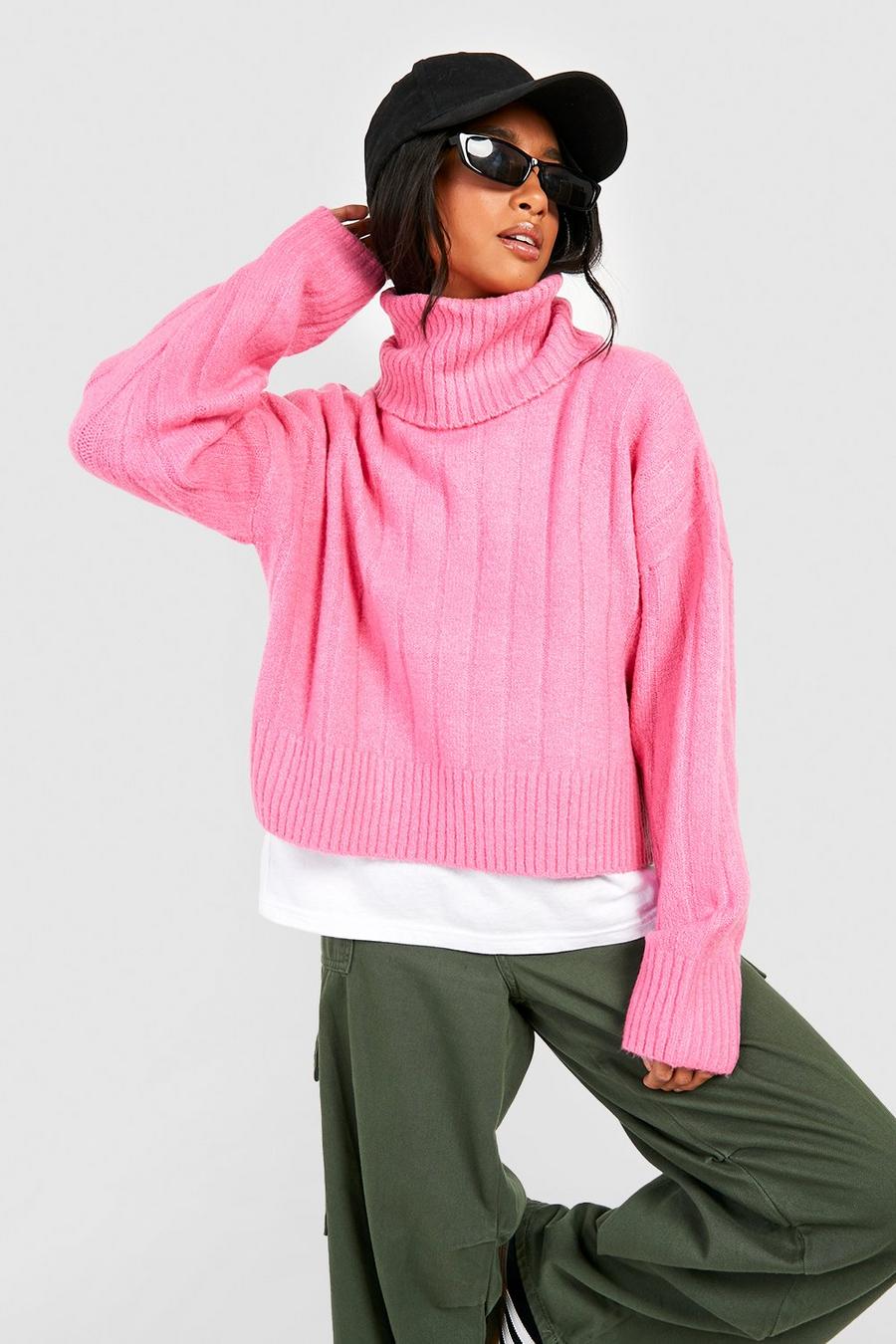 Pink Petite Knit Detail Roll Neck Jumper   