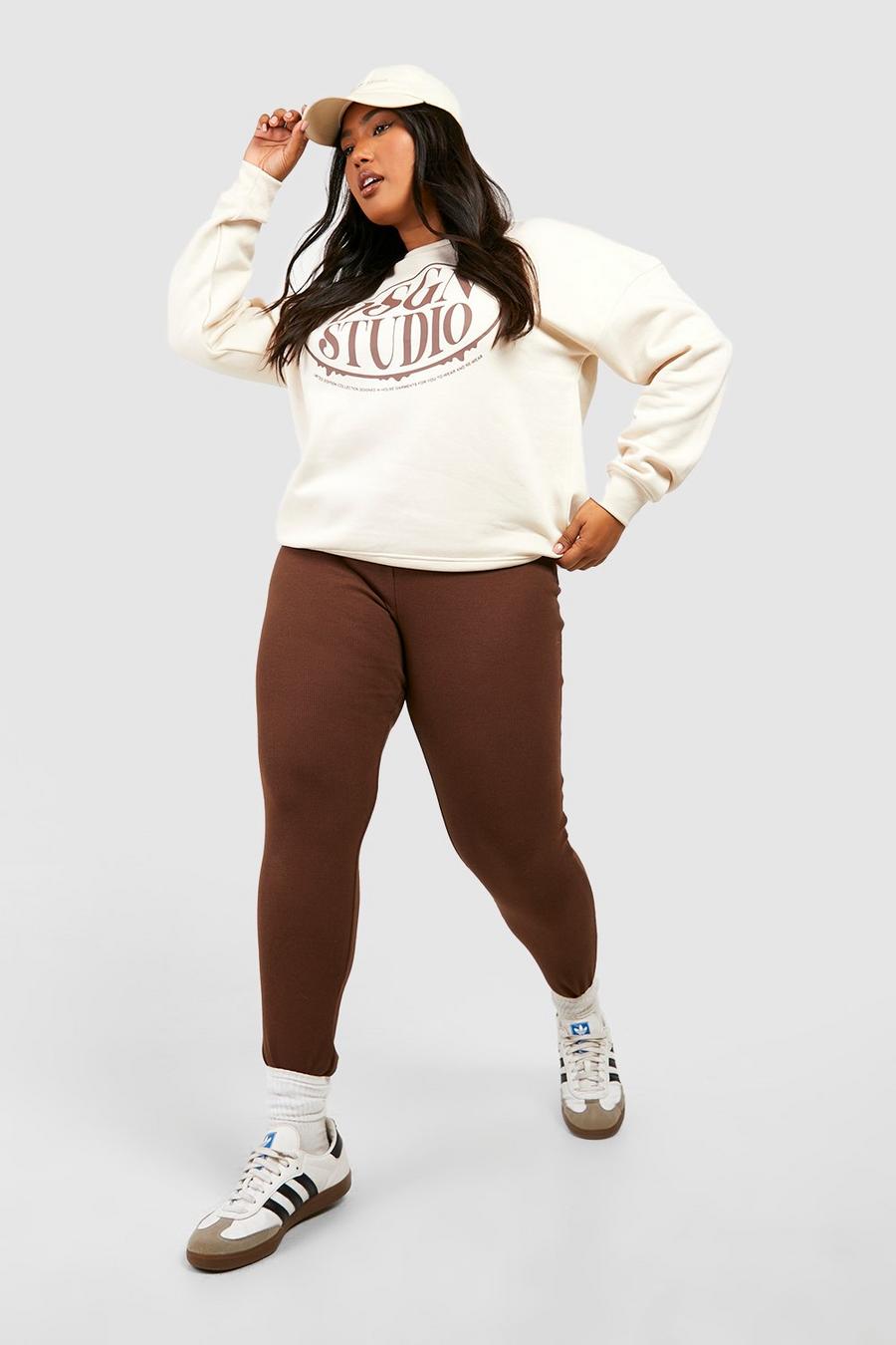 Legging Plus Size Basic in cotone a coste, Chocolate