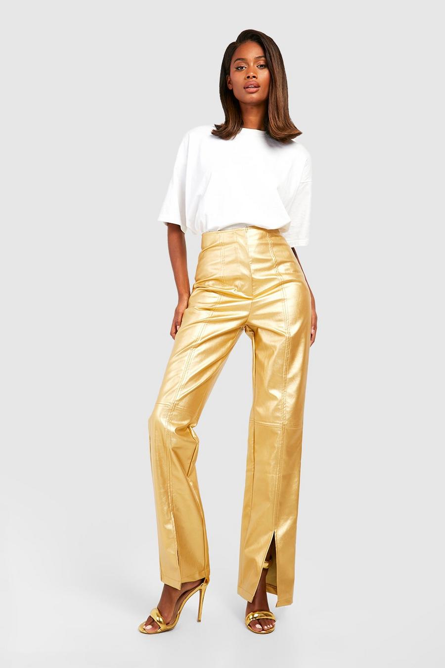 Gold Matte Metallic Leather Look Split Front Trousers image number 1