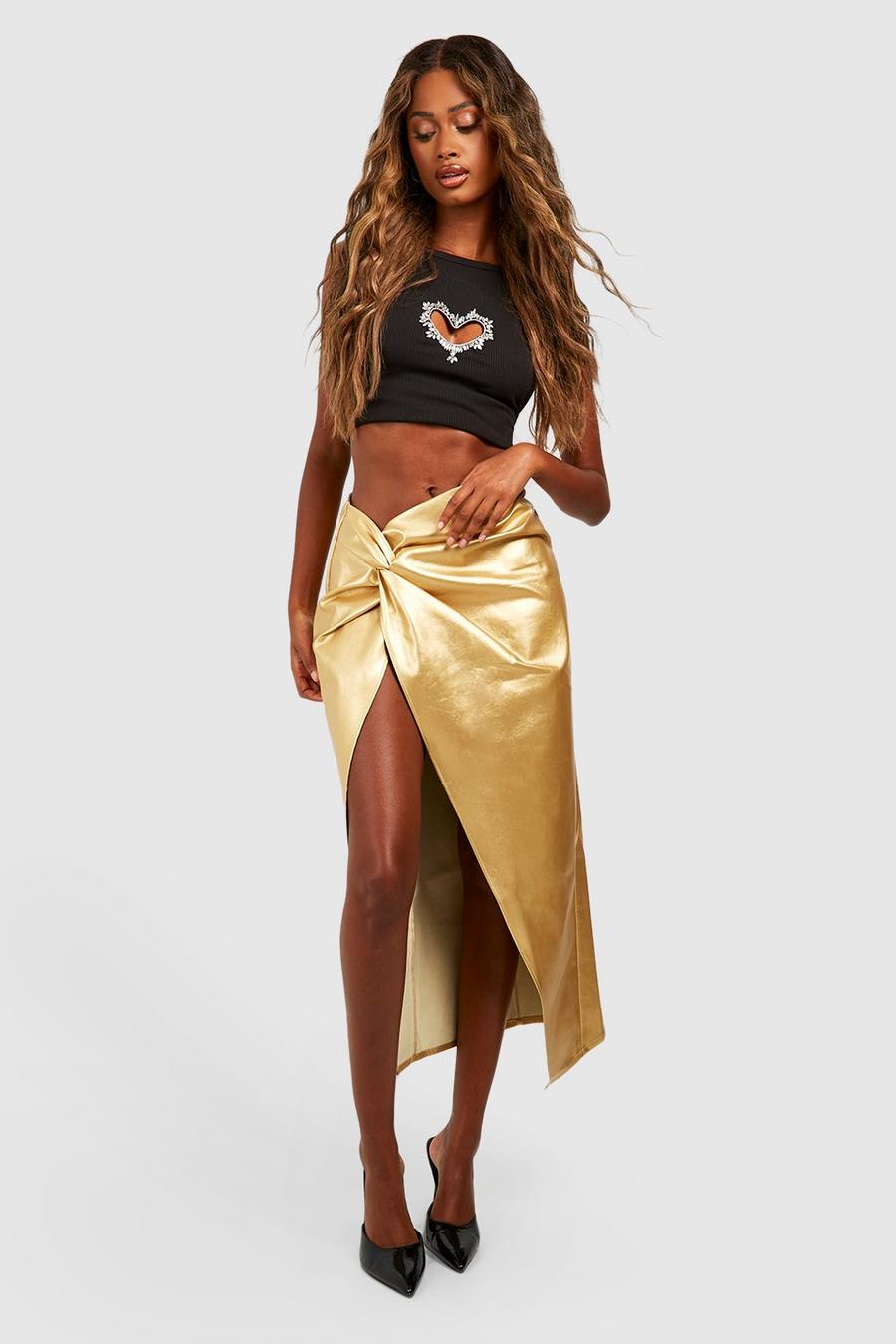 Gold Matte Metallic Faux Leather Tie Front Maxi Skirt