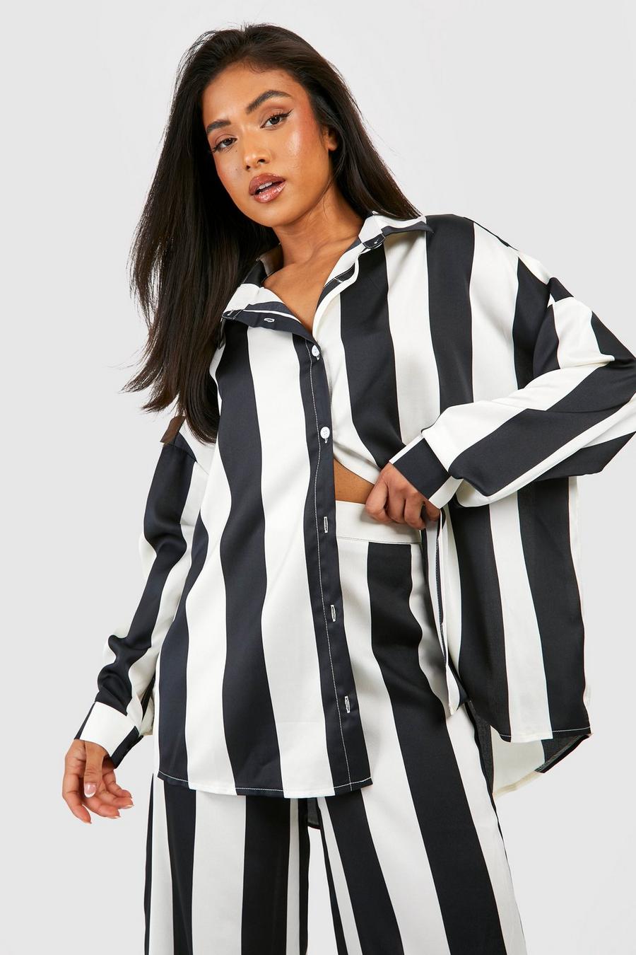 Black Petite Satin Stripe Oversized Shirt