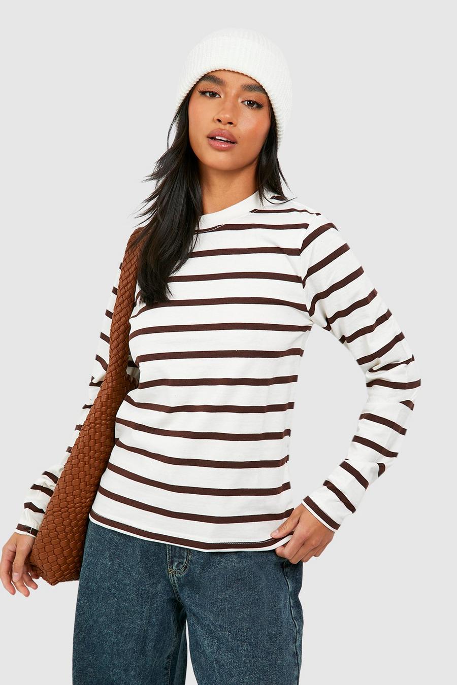 Chocolate Petite Long Sleeve Stripe T Shirt  