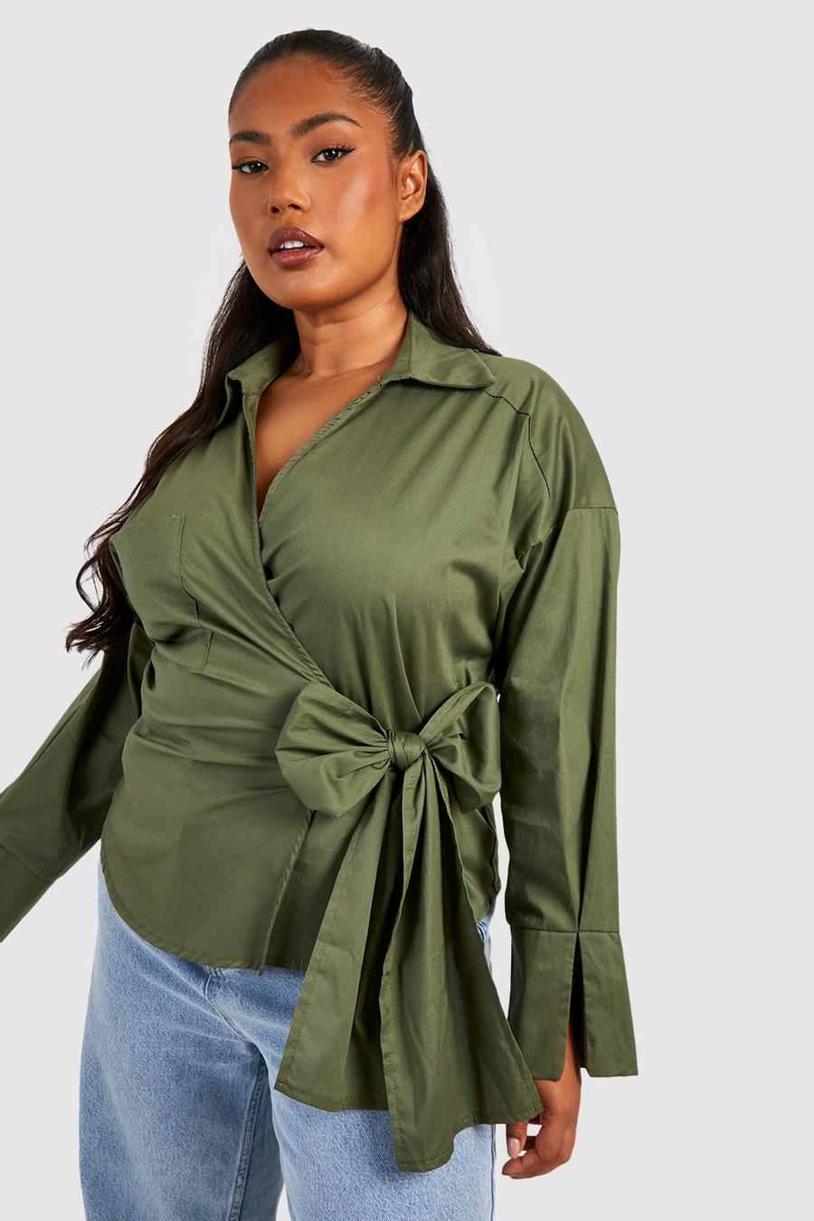 Camicia Plus Size in cotone con dettagli a incrocio, Khaki