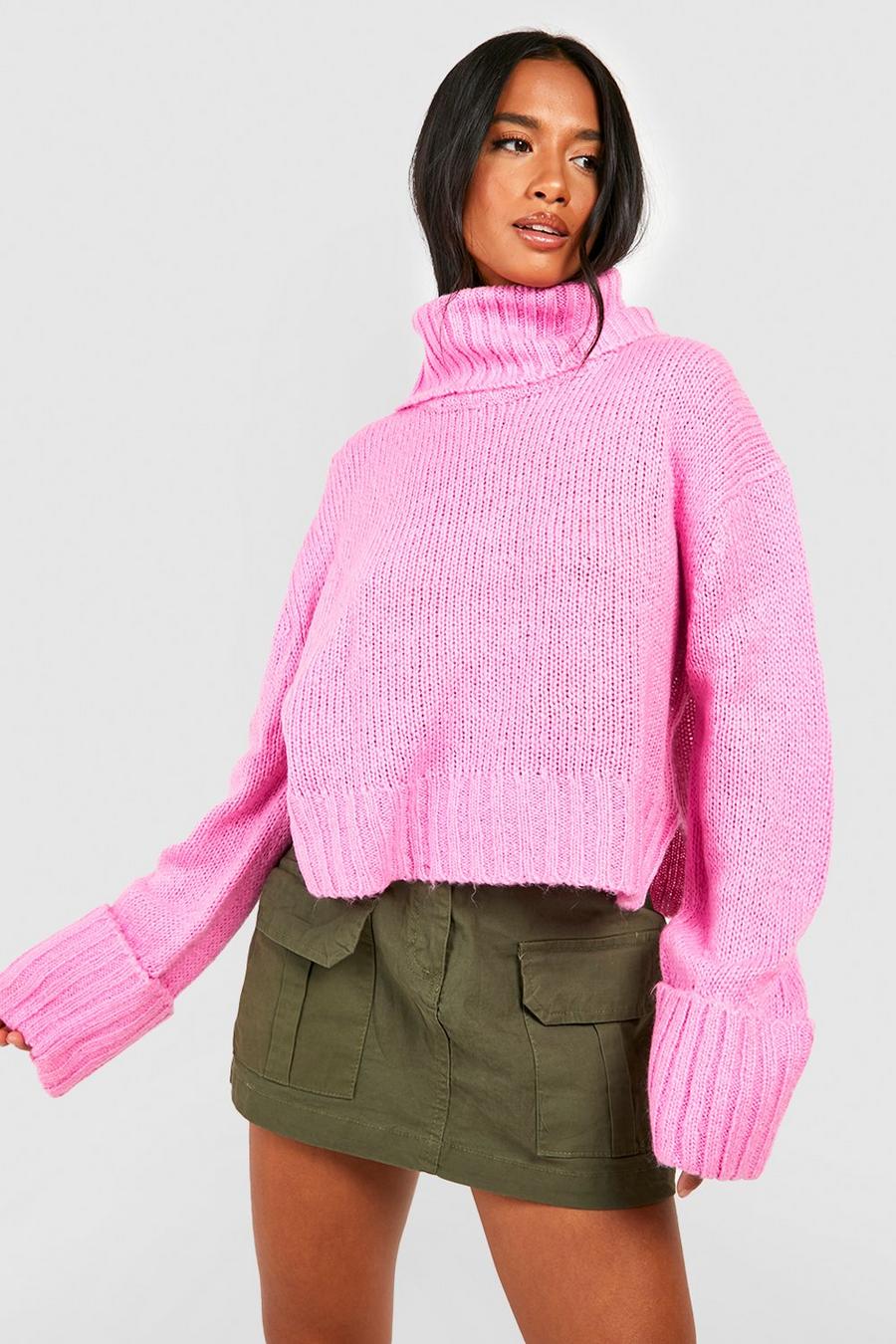 Pink Petite Turn Up Cuff Sweater With Side Split