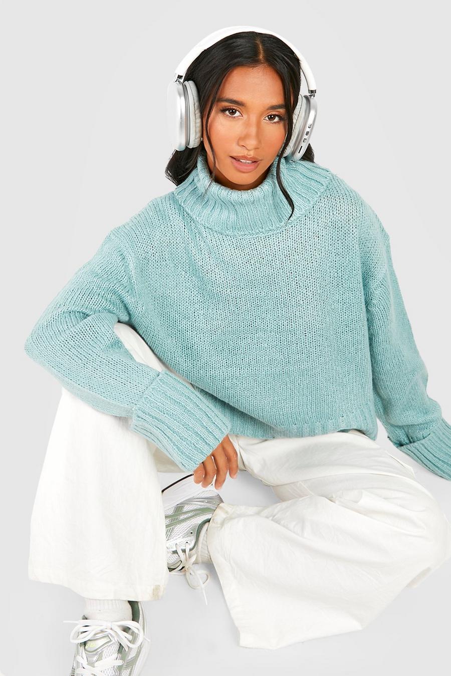 Sage Petite Turn Up Cuff Sweater With Side Split