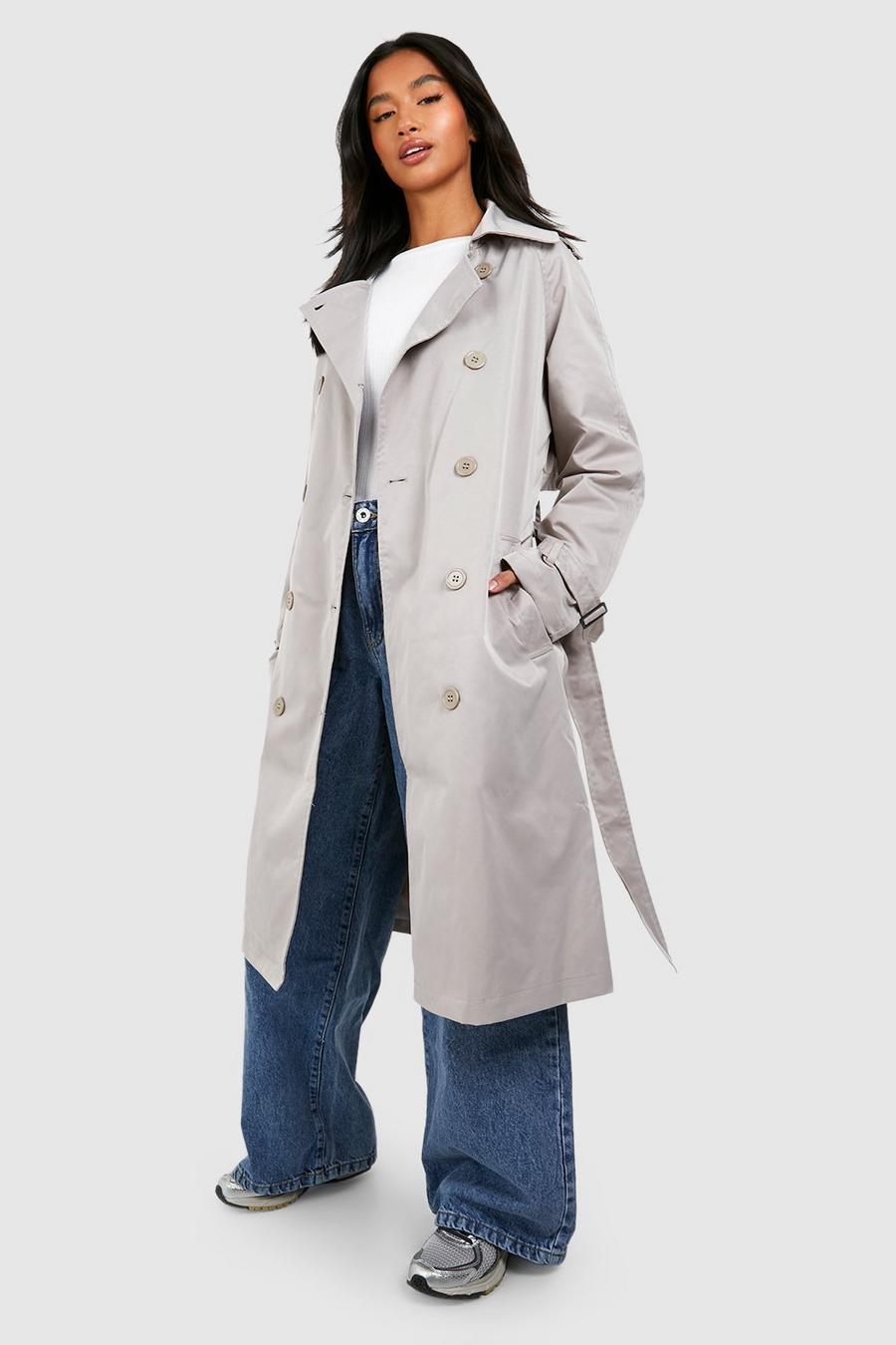 Grey Petite Double Breast Belted Trench Coat