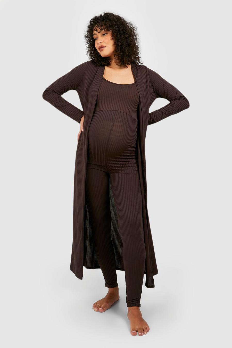 Maternité - Ensemble de grossesse confort côtelé avec cardigan long, Chocolate
