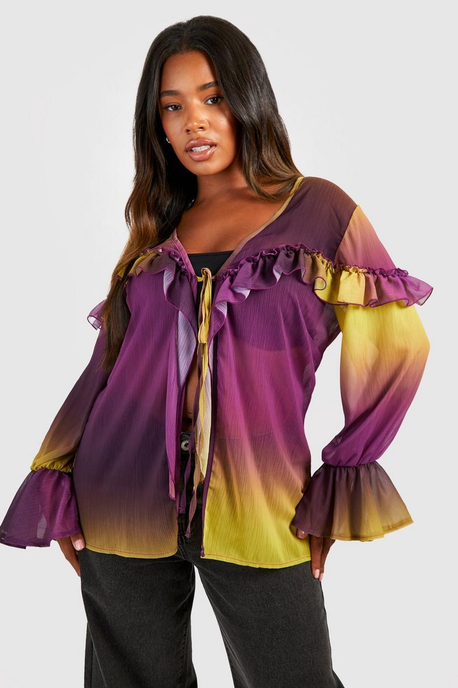 Blusa Plus Size sfumata con arricciature e laccetti frontali, Purple