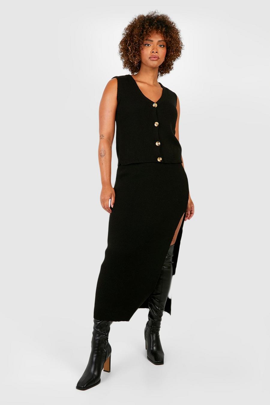 Black Plus Knitted Side Split Skirt