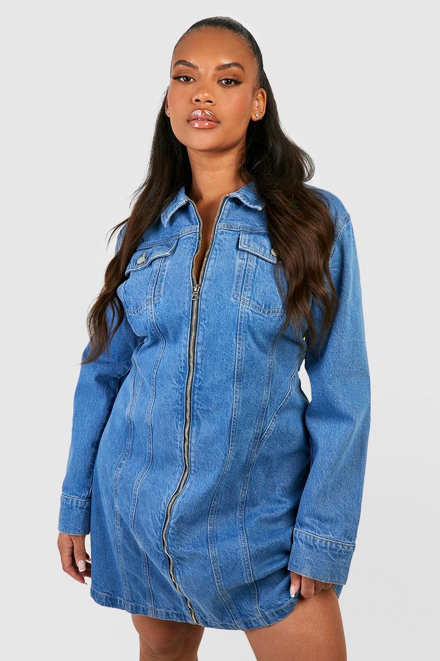 Mid blue Plus Denim Zip Up Shift Dress