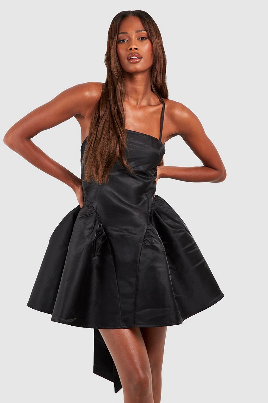 Black Satin Bow Corset Detail Mini Dress