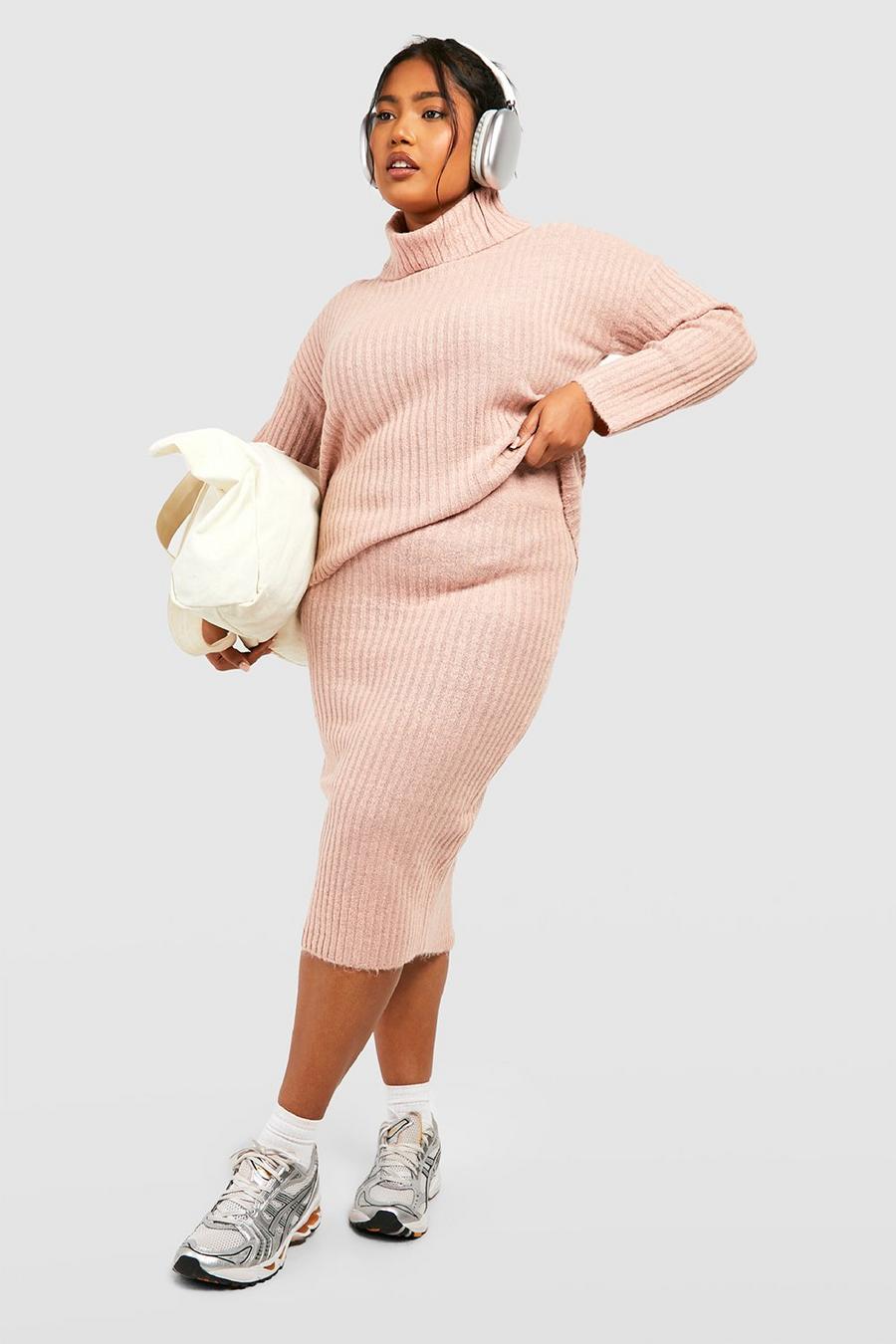 Dusty pink Plus Knitted Midi Skirt And Roll Neck Co-ord image number 1