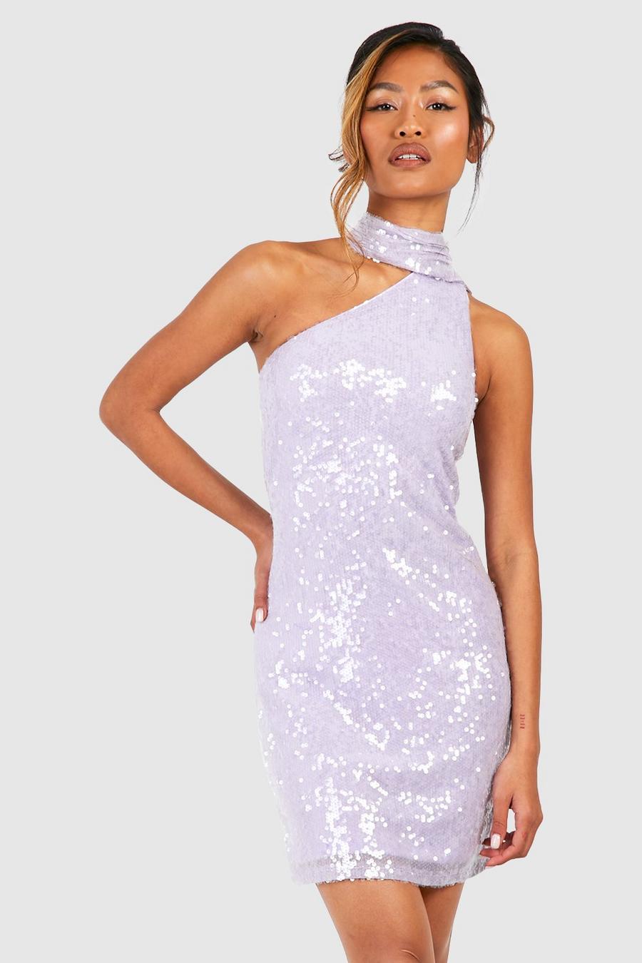 Miniabito allacciato al collo drappeggiato con paillettes, Lilac